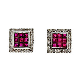 18K White Gold Square .90ct Ruby & 0.25ct Diamond Earrings