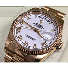 Rolex Day-Date Rose Gold White Roman Dial & Fluted Bezel President Bracelet 118238