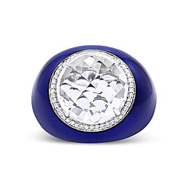 18K White Gold 14mm White Quartz and 1/5 Cttw Diamond Halo with Blue Enamel Dome Ring (F-G Color, VS1-VS2 Clarity) - Ring Size 7