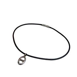 Hermes Leather Silver Tone Metal Choker Necklace