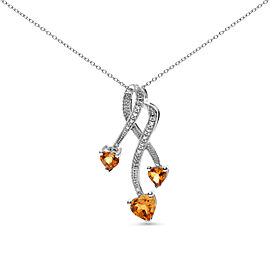 .925 Sterling Silver 3-Stone Heart Shape Citrine and Diamond Accent Spiral Drop 18" Pendant Necklace (H-I Color, SI1-SI2 Clarity)
