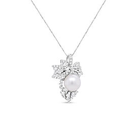 18K White Gold 10 MM Cultured Pearl and 7/8 Cttw Diamond Floral Leaf 18" Pendant Necklace (F-G Color, SI1-SI2 Clarity)