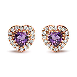 18K White and Rose Gold 1/6 Cttw Diamond and 4mm Heart Cut Purple Amethyst Gemstone Halo Heart Stud Earrings (G-H Color, SI1-SI2 Clarity)