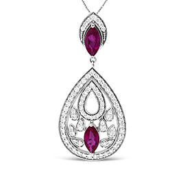 18K White Gold 1.00 Cttw Round Diamond and 8.5 x 4.5mm Marquise Ruby Openwork Teardrop Dangle 18" Pendant Necklace (G-H Color, I1-I2 Clarity)