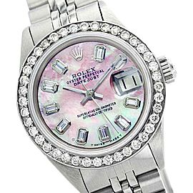 Rolex Datejust Oyster Perpetual Stainless Steel Pink MOP Baguette Diamond Womens Watch
