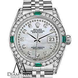 Rolex 36mm Datejust White MOP String Diamond Dial with Diamond & Emerald Bezel & Diamond Lugs SS Watch