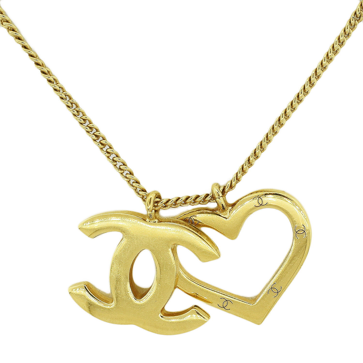 Gold Chanel CC and Heart Pendant Gold Necklace, Chanel