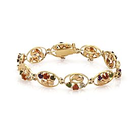 Vintage Multi-Color Gemstones 18k Yellow Gold Floral Oval Link Bracelet