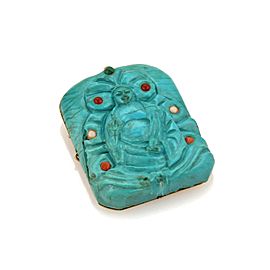 Vintage Genuine Carved Turquoise Buddha 14k Yellow Gold Brooch Pendant