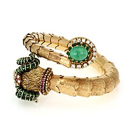 Estate 5.00ct Diamond Emerald Ruby Enamel 14k Gold Ram Head Wrap Bracelet