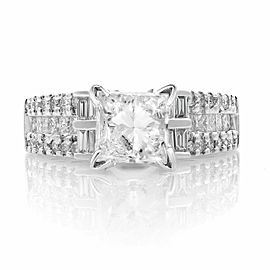Rachel Koen 18K White Gold Princess W/Baguettes & Round Cut Diamonds Ring