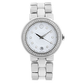 Movado Cerena White Ceramic Steel Diamond Bezel Quartz Ladies Watch 0606625