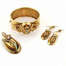 Victorian Era 18k YGold Pearls & Turquoise Bracelet Earrings & Brooch Set