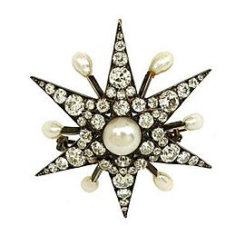 Antique 7.50ct Old Mine Cut Diamonds & Pearls Star Brooch Pendant in 14k Gold