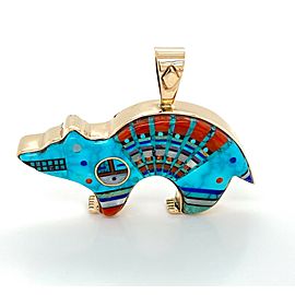 Classic Turquoise Coral Opal Inlay 14k Yellow Gold Bear Pendant