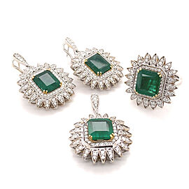 Green Emerald & Diamond Pendant Earring and Ring Set 18K White & Yellow Gold