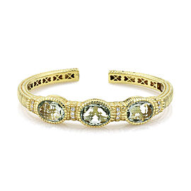 Judith Ripka Prasiolite Diamond 18k Gold 3 Stones Hinged Cuff Bracelet