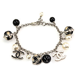 Chanel Pearls Black & White Checkered Beads C Logo Charms Silver Bracelet