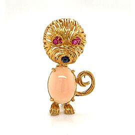 Coral Ruby & Sapphire 18k Yellow Gold Cat Brooch Pin