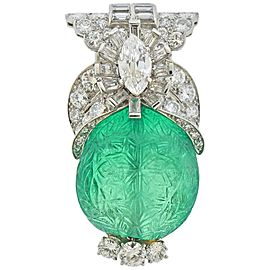 Cartier approximately 65 Carat Carved Colombian Emerald Diamond Platinum Brooch