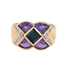 14K Yellow Gold Tourmaline, Amethyst and Diamond Cocktail Ring Size 8.75
