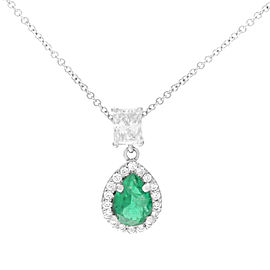 Rachel Koen 18k White Gold Pear Shape Green Emerald & Diamond Pendant Necklace