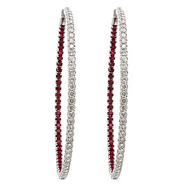 Inside Out Diamond Red Ruby Large Hoop Earrings 2.30cts 14K White Gold 2 inches