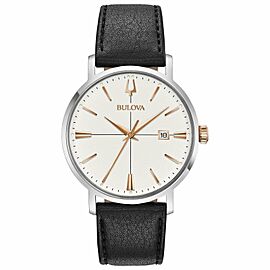 Bulova Classic Steel 39mm Black Leather Silver Dial Mens Watch