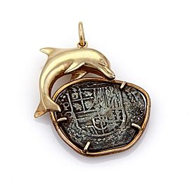 Antique Style Silver Coin 14k Yellow Gold Dolphin Pendant