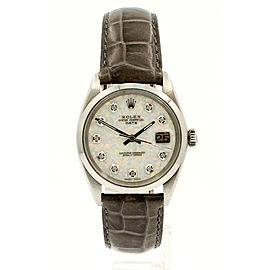 Mens Vintage ROLEX Oyster Perpetual Date 34mm WHITE OPAL Dial Diamond Stainless