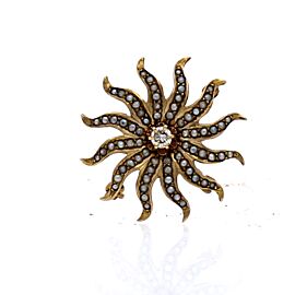 Antique 10k Yellow Gold Sun Burst Seed pearl Diamond Pendant Brooch