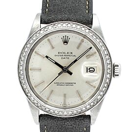 Mens Vintage Rolex Oyster Perpetual Date Steel Silver Dial Diamond Watch