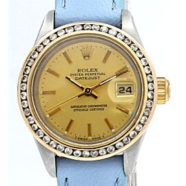 Ladies Vintage ROLEX Oyster Perpetual Datejust 26mm Gold Dial Turquoise Strap