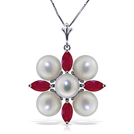 6.3 CTW 14K Solid White Gold Necklace Ruby Cultured Pearl
