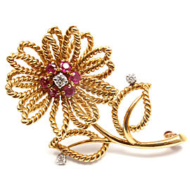 Tiffany & Co 14k Yellow Gold Diamond Ruby Flower Brooch