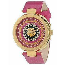 New Versace Mystique Foulard VK603 0013 Gold Tone Pink Quartz Diamond 38MM Watch