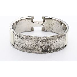Hermès Wide White Enamel Silver Clic Clac GM Bangle Bracelet Cuff 861853
