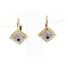 Fine Estate 14k Yellow Gold Diamond Sapphire Square Earrings