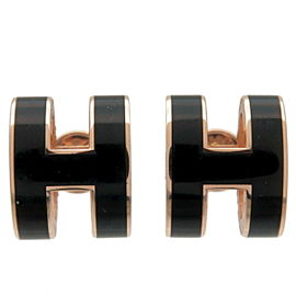 Authentic Hermes Pop Ash H Logo Earrings Rose Gold Black Metal Used F/S