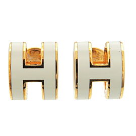 Authentic Hermes Pop Ash Mini H Logo Earrings Gold White Metal Used F/S