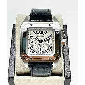 Cartier Santos 100 XL Chronograph Silver Dial Black Leather Automatic 41mm