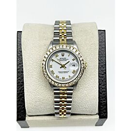 Rolex Ladies Datejust 69173 White Roman Dial Diamond Bezel 18K Yellow Gold Steel