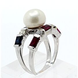 Estate 14k White Gold Ruby Sapphire Diamond Pearl Ladies Ring