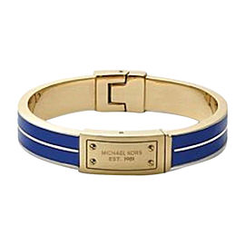 Michael Kors Gold Tone and Blue Enamel Logo Plaque Hinge Bangle Bracelet