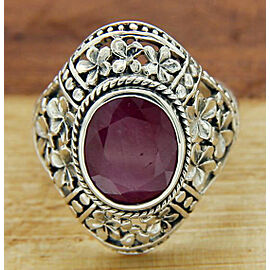 Women's Solid Sterling Silver Ruby Flower Die-Cut Bali Ring
