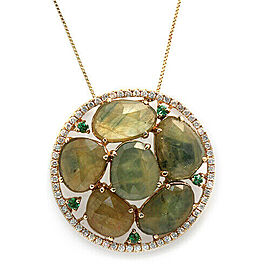 Rose Cut Sliced 11.98 CT Green Sapphire 0.40 CT Diamond 14K Yellow Gold Necklace