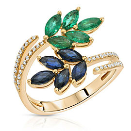 1.89 CT Emerald & Sapphire 0.25 CT Diamonds in 18K Yellow Gold Leaf Cluster Ring
