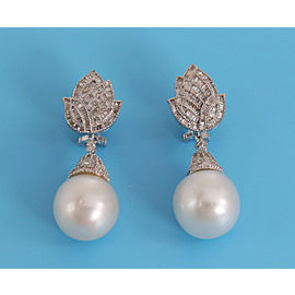 Estate Baguette Diamond 16mm Large Pearl 18k White Gold Floral Dangle Earrings