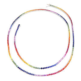 Rainbow 20ct Sapphire Gems 18k White Gold Long Tennis Necklace 32"