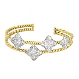 David Yurman Diamond 18k Gold 4 Quatrefoil Motif Double Cable Band Cuff Bracelet